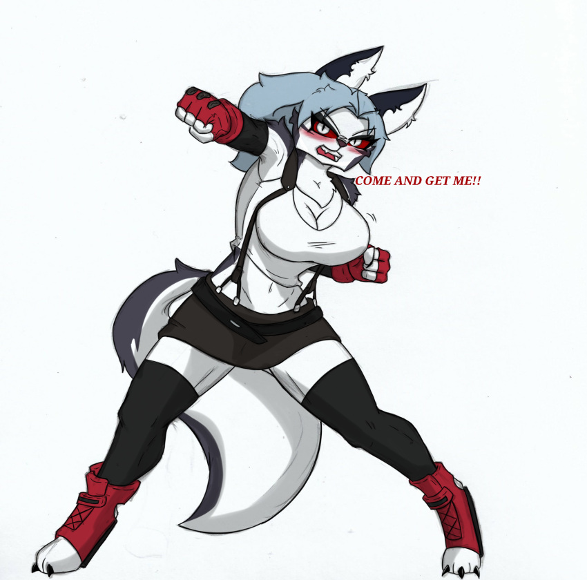anthro big_breasts blush bottomwear breasts canid canid_demon clothing cosplay crossover demon english_text female final_fantasy final_fantasy_vii hellhound helluva_boss hi_res legwear loona_(helluva_boss) mammal pace-maker skirt solo square_enix suspenders text thick_thighs thigh_highs tifa_lockhart