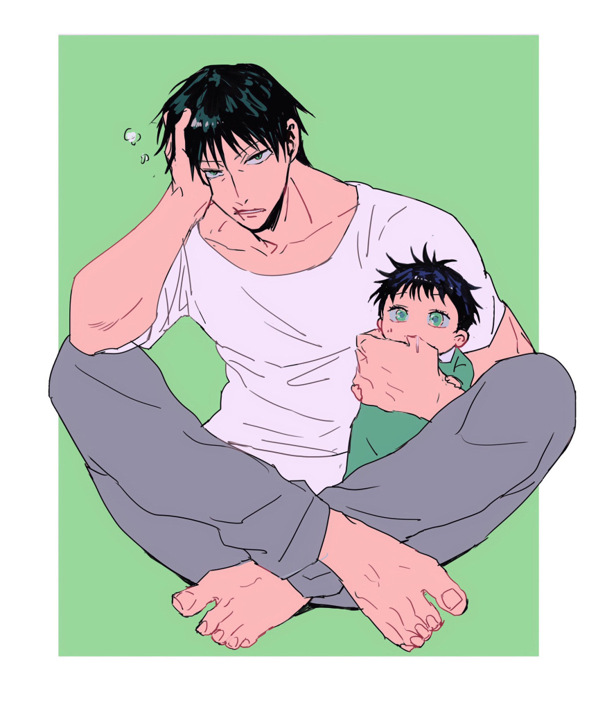 aged_down baby bangs barefoot black_hair collarbone commentary_request father_and_son feet finger_sucking fushiguro_megumi fushiguro_touji green_eyes grey_pants hand_on_own_face highres indian_style jujutsu_kaisen looking_at_viewer male_focus pants scar scar_on_face scar_on_mouth shenshan_laolin shirt short_hair short_sleeves sitting toes white_shirt
