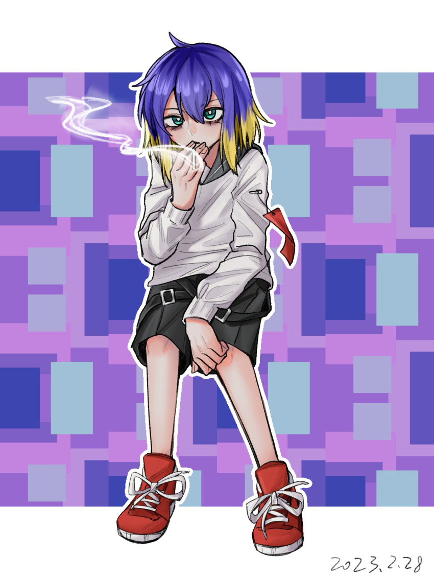 1other akaakaakaakashio androgynous bags_under_eyes bangs belt black_belt black_sailor_collar black_shorts blonde_hair blue_eyes bright_pupils cigarette commentary_request cookie_(touhou) dated expressionless full_body hair_between_eyes highres laces long_sleeves looking_at_viewer medium_hair multicolored_hair other_focus purple_eyes red_footwear sailor_collar sailor_shirt shiriri_(cookie) shirt shoes shorts smoking sneakers solo standing tag two-tone_hair white_pupils white_shirt