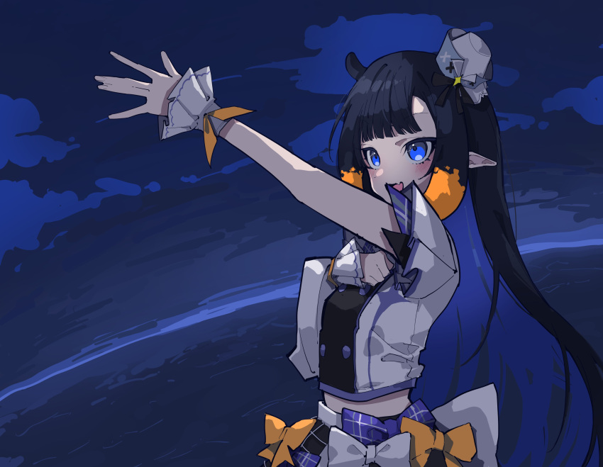 1girl absurdres asymmetrical_sleeves bangs black_hair black_skirt blue_eyes blunt_bangs bow bow_skirt buttons cloud crop_top cropped_shirt double-breasted english_commentary half-skirt hat highres hololive hololive_english hololive_idol_uniform hololive_idol_uniform_(bright) horizon idol long_hair mentally_deficient midriff mini_hat multicolored_hair ninomae_ina'nis official_alternate_costume open_mouth orange_bow orange_hair outdoors outstretched_arm plaid plaid_bow plaid_skirt pointy_ears shirt skirt sky smile solo tentacle_hair two-tone_hair uneven_sleeves upper_body very_long_hair virtual_youtuber white_bow white_headwear white_shirt white_skirt