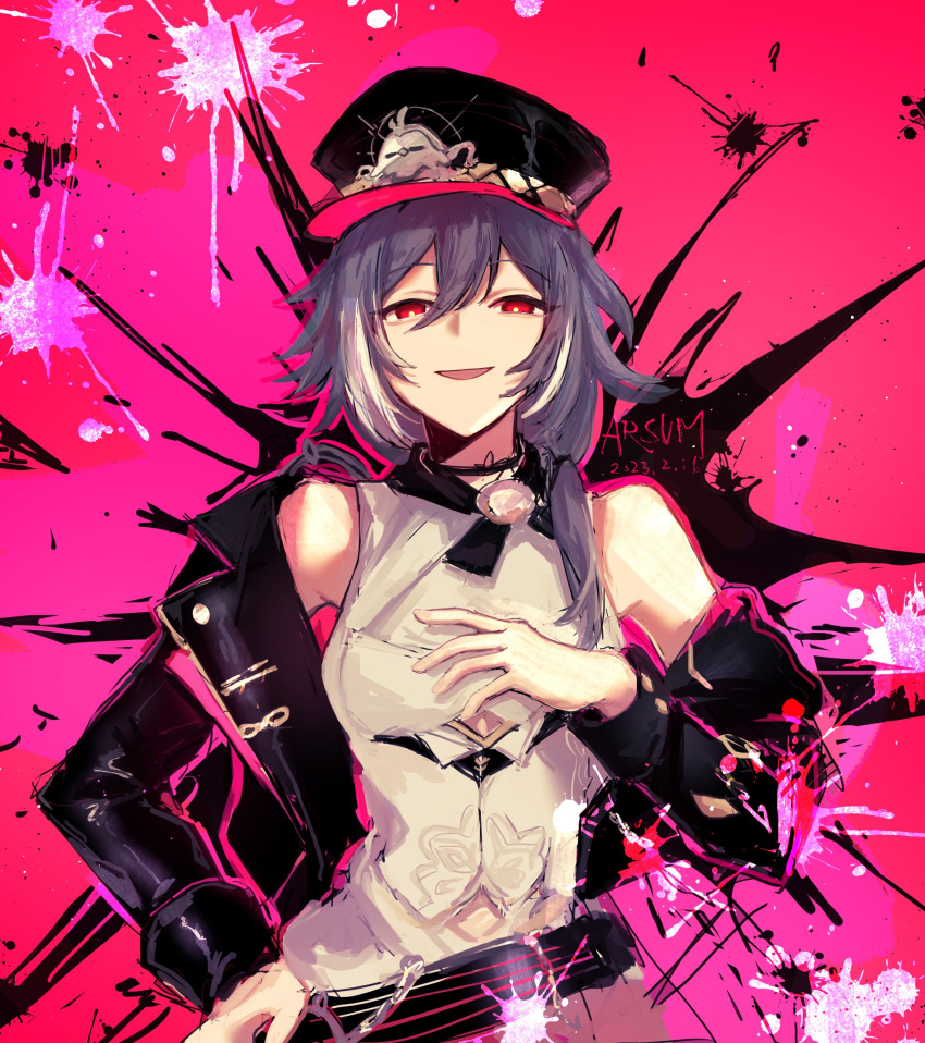 1girl :d absurdres arsum0731 bangs black_hair black_headwear black_jacket breasts commentary dated fu_hua fu_hua_(herrscher_of_sentience) hair_between_eyes hand_on_hip hat highres honkai_(series) honkai_impact_3rd jacket long_hair long_sleeves looking_at_viewer medium_breasts off_shoulder open_clothes open_jacket peaked_cap pink_background red_eyes shirt signature sleeveless sleeveless_shirt smile solo symbol-only_commentary upper_body white_shirt