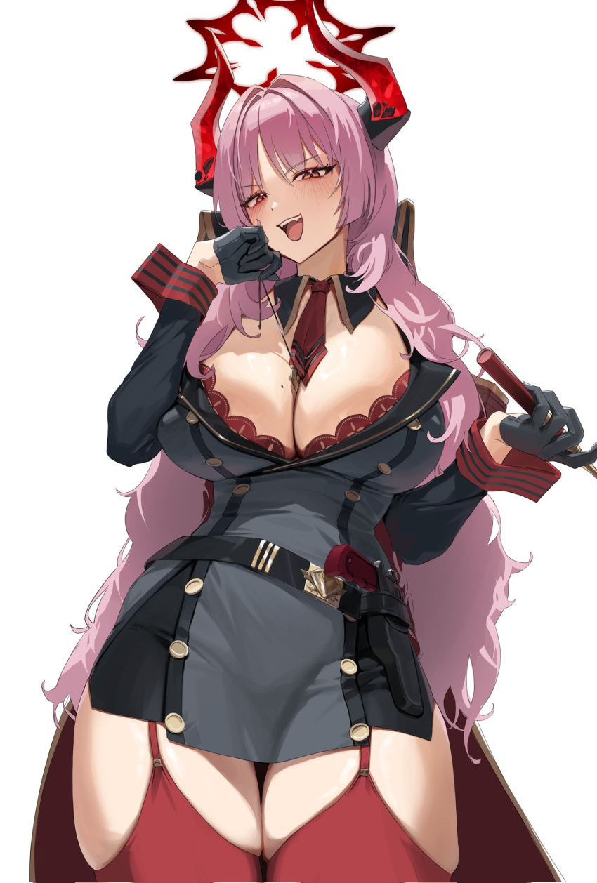 1girl bangs between_breasts black_dress black_gloves blue_archive blush breasts chochomi cleavage dress garter_straps gloves gun halo handgun highres holding holding_pendulum horns large_breasts long_hair long_sleeves looking_at_viewer mole mole_on_breast necktie open_mouth pendulum pink_hair red_necktie red_thighhighs satsuki_(blue_archive) simple_background solo thighhighs very_long_hair weapon white_background