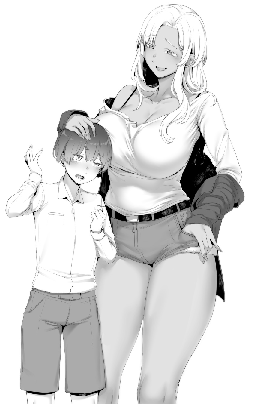 1boy 1girl belt bra_strap breasts collarbone collared_shirt cowboy_shot ear_piercing fangs hand_in_pocket hand_on_another's_head height_difference highres large_breasts long_hair monochrome nakamura_regura off_shoulder original piercing shirt shorts skin_fangs tan