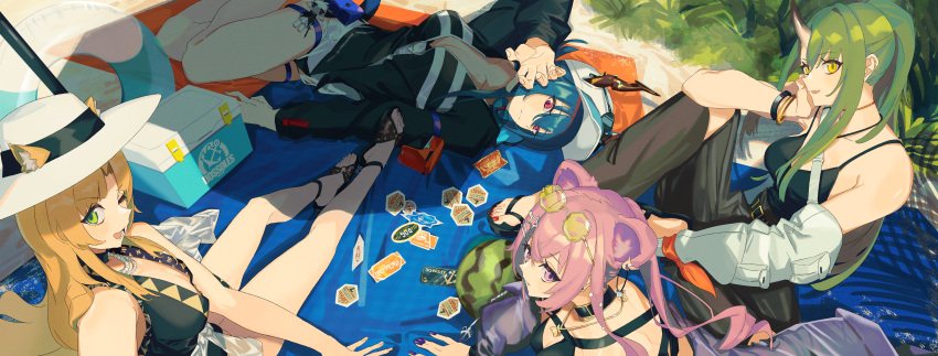 4girls absurdres animal_ears arknights baseball_cap beach beach_umbrella breasts ch'en_(arknights) ch'en_the_holungday_(arknights) cleavage cooler dragon_girl dragon_horns food fruit hat highres horns hoshiguma_(arknights) lin_(arknights) long_hair looking_at_viewer mouse_ears mouse_girl multiple_girls no3coral official_alternate_costume oni oni_horns outdoors single_horn sticker swimsuit swire_(arknights) tiger_ears tiger_girl umbrella watermelon