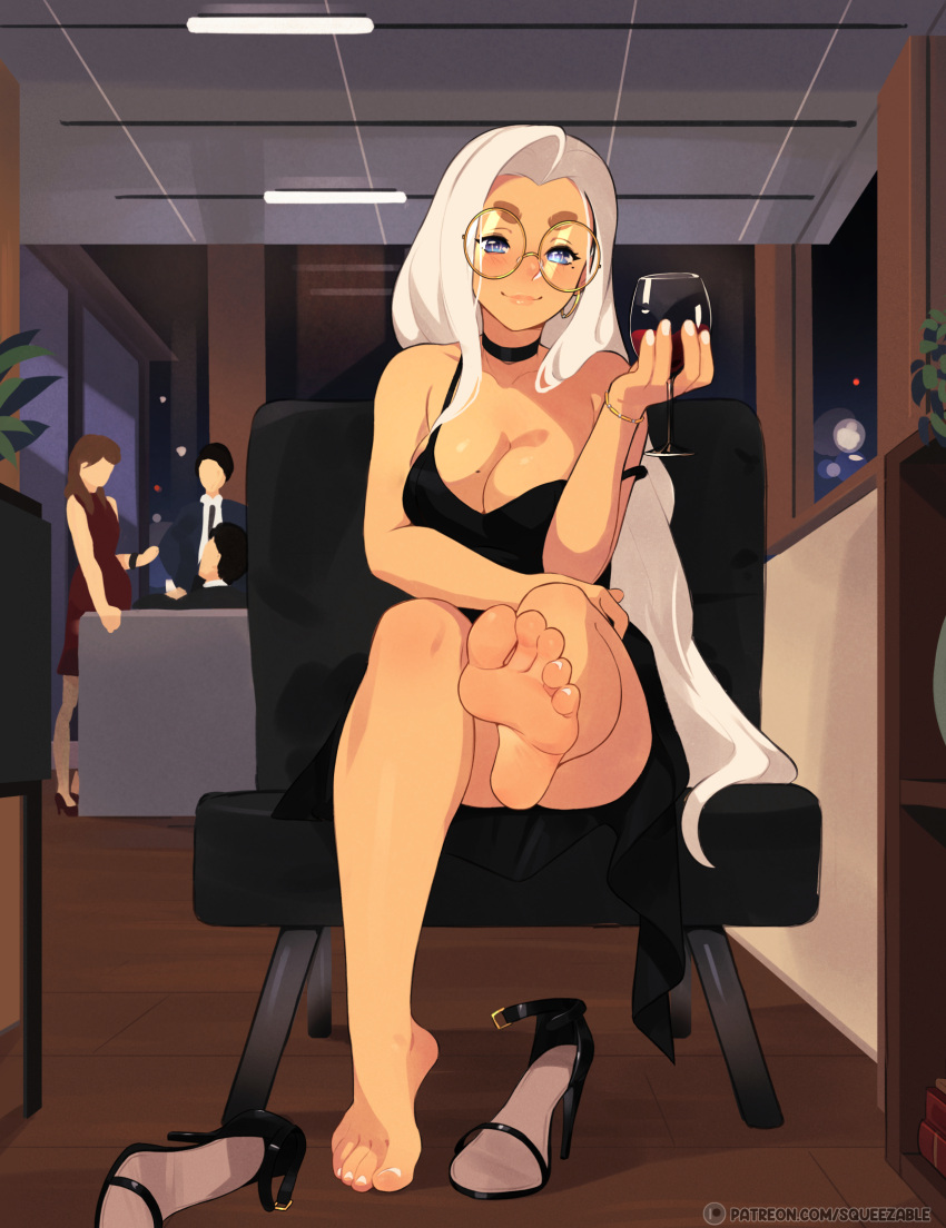 2boys 2girls artist_name bare_arms bare_legs bare_shoulders barefoot black_choker black_dress blue_eyes blush bracelet breasts choker cleavage collarbone commentary crossed_legs cup cupping_glass dress drinking_glass earrings english_commentary feet full_body glasses high_heels highres hoop_earrings indoors jewelry june_(squeezable) large_breasts legs long_hair mole mole_on_breast mole_under_eye multiple_boys multiple_girls nail_polish night original outstretched_leg round_eyewear shoes shoes_removed sitting smile soles solo_focus squeezable_(artist) strap_slip thick_eyebrows toenail_polish toenails toes very_long_hair white_hair wine_glass yellow-framed_eyewear