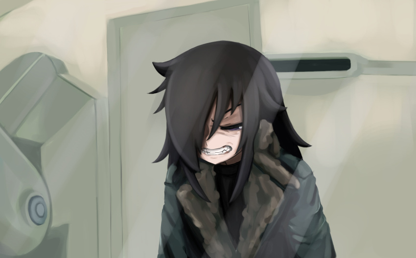 1girl black_hair blade_runner blade_runner_2049 closed_eyes cosplay door glass k_(blade_runner_2049) k_(blade_runner_2049)_(cosplay) kuroki_tomoko kurokimoko meme movie_reference sad solo teeth watashi_ga_motenai_no_wa_dou_kangaetemo_omaera_ga_warui!