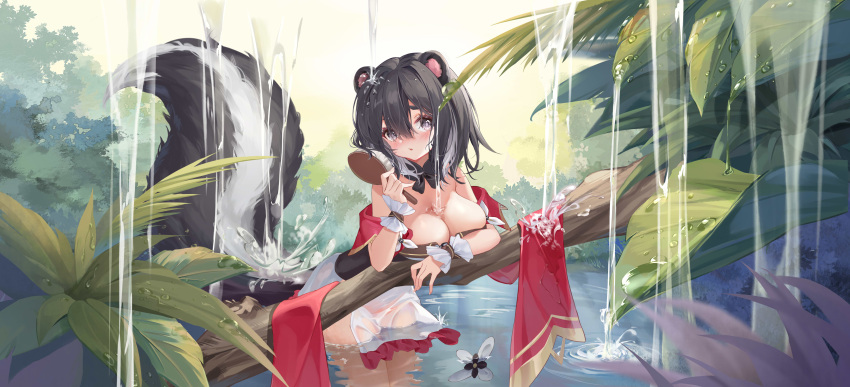 1girl absurdres bangs black_hair blush branch breasts cannian_dada character_request cleavage commentary_request day frilled_skirt frills grey_eyes hair_between_eyes hair_brush highres holding looking_at_viewer medium_breasts outdoors parted_lips red:_pride_of_eden see-through skirt skunk_ears skunk_girl skunk_tail solo water wet wet_clothes white_skirt