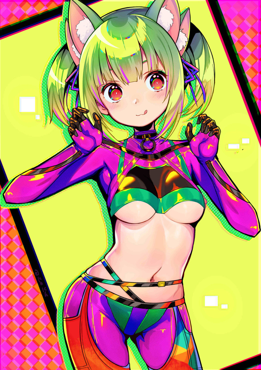 1girl absurdres animal_ears blush bodysuit breasts cat_ears dohna_dohna_issho_ni_warui_koto_o_shiyou extra_ears green_hair highres kirakira_(dohna_dohna) kuka looking_at_viewer medium_hair midriff multicolored_bodysuit multicolored_clothes multicolored_hair navel orange_eyes partial_bodysuit pink_hair skindentation small_breasts smile solo twintails two-tone_hair underboob