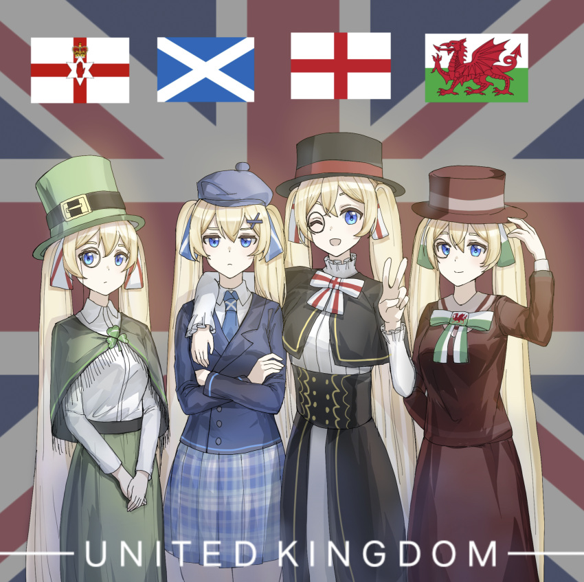 4girls black_dress black_headwear blazer blonde_hair blouse blue_eyes blue_headwear blue_jacket blue_necktie blue_skirt bow bowtie braid closed_mouth dress england flag green_headwear green_skirt hair_ornament hat highres jacket long_hair long_sleeves looking_at_viewer multiple_girls necktie northen_ireland original personification phonetik plaid plaid_skirt pleated_skirt red_dress red_headwear scotland shirt skirt smile standing twintails union_jack united_kingdom v very_long_hair wales white_bow white_bowtie white_shirt x_hair_ornament