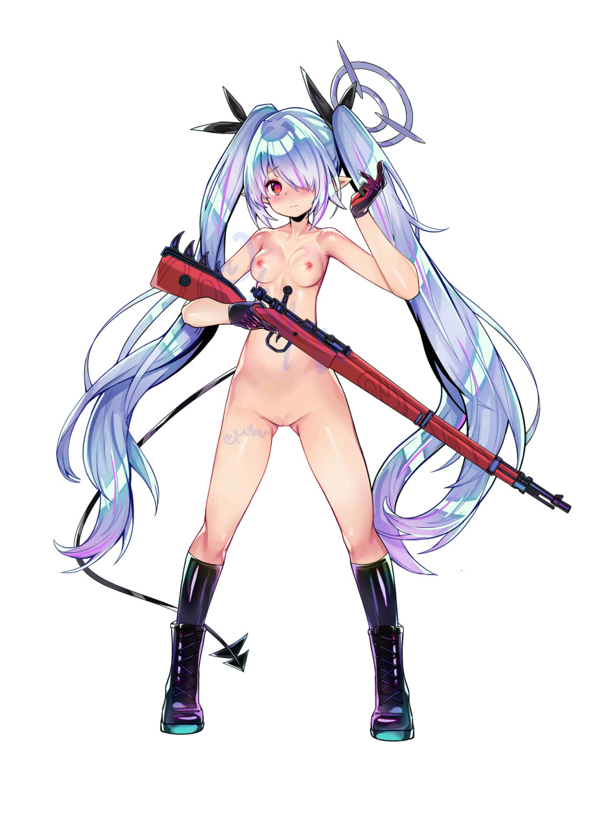 1girl absurdres asymmetrical_bangs bangs black_footwear black_gloves black_ribbon black_tail blue_archive bolt_action boots breasts dark-skinned_female dark_skin demon_tail full_body gloves grey_hair gun hair_over_one_eye hair_ribbon halo highres holding holding_gun holding_weapon iori_(blue_archive) kneehighs kuka long_hair looking_at_viewer mauser_98 navel nipples nude pointy_ears pussy red_eyes ribbon rifle simple_background small_breasts socks solo tail twintails weapon white_background