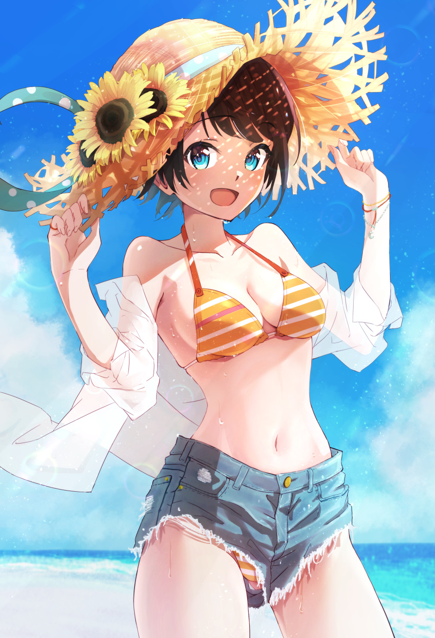 1girl 5to_rai :d absurdres adjusting_clothes adjusting_headwear bikini bikini_under_clothes blue_eyes blue_sky bracelet breasts brown_hair denim denim_shorts flower hands_on_headwear hat hat_flower highres hololive jewelry looking_at_viewer medium_breasts navel official_alternate_costume one_side_up oozora_subaru open_mouth orange_bikini shirt short_hair short_shorts shorts sky smile solo straw_hat string_bikini striped striped_bikini sun_hat sunflower swimsuit torn_clothes torn_shorts virtual_youtuber white_shirt