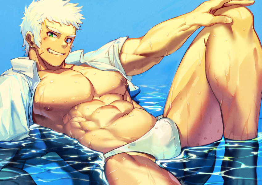 1boy abs afloat bara bare_pectorals blue_eyes bulge ear_piercing feet_out_of_frame green_eyes heterochromia knee_up large_pectorals long_sideburns looking_at_viewer male_focus male_swimwear milestone_celebration muscular muscular_male navel nipples original pectorals piercing scar scar_on_cheek scar_on_face seductive_smile short_hair sideburns smile solo stomach swim_briefs thick_eyebrows thick_thighs thighs waku_(ayamix) wet_male_swimwear white_hair white_male_swimwear