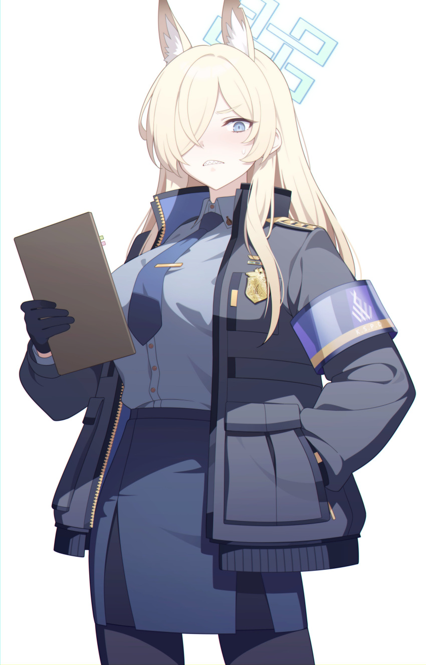 1girl 7peach absurdres animal_ear_fluff animal_ears armband black_gloves black_jacket black_pantyhose blonde_hair blue_archive blue_armband blue_eyes blue_necktie blue_shirt blue_skirt blush breasts clipboard cowboy_shot extra_ears gloves hair_over_one_eye halo hand_in_pocket highres holding holding_clipboard jacket kanna_(blue_archive) large_breasts long_hair long_sleeves looking_at_viewer necktie open_clothes open_jacket pantyhose pencil_skirt police police_badge police_uniform policewoman sharp_teeth shirt shirt_tucked_in simple_background skirt solo standing teeth tie_clip uniform white_background