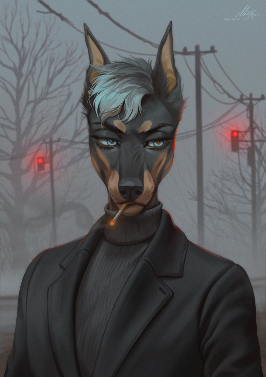 absurd_res anthro artist_name black_clothing black_jacket black_topwear blue_eyes brown_body brown_fur bust_portrait canid canine canis cigarette cigarette_in_mouth clothed clothing dark_body dark_fur dobermann domestic_dog eyelashes front_view fur grey_body grey_clothing grey_fur grey_hair grey_topwear hair hi_res jacket looking_aside male mammal marie_merkh narrowed_eyes object_in_mouth outside pinscher plant portrait pupils red_pupils short_hair signature smoke smoking solo topwear tree