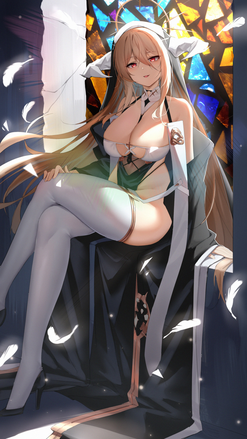 1girl :p absurdres azur_lane bangs bare_shoulders between_breasts black_dress black_footwear black_sleeves blonde_hair breasts cleavage commentary_request covered_navel crossed_legs detached_sleeves dress fake_horns falling_feathers floating_hair foot_out_of_frame habit hair_between_eyes hand_on_own_knee high_heels highleg highleg_panties highres horns implacable_(azur_lane) indoors kafeifeifeifeifeifei_jiemo_jun large_breasts legs long_bangs long_hair long_sleeves nun panties panty_straps red_eyes revealing_clothes see-through sidelighting sitting skindentation solo stained_glass strap_between_breasts string_panties thighhighs thighs tongue tongue_out two-tone_dress underwear very_long_hair white_thighhighs wide_sleeves