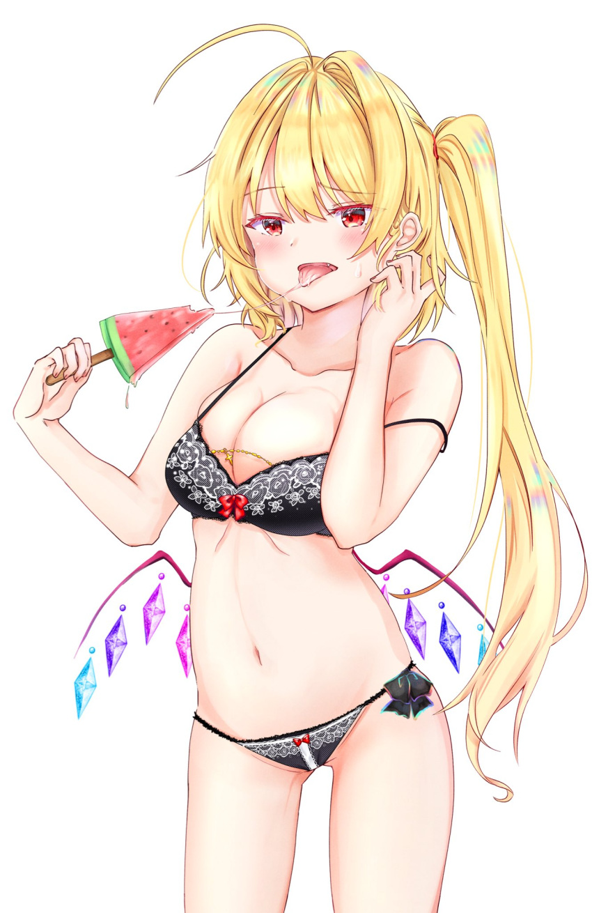 1girl ahoge bangs black_bra black_panties blonde_hair bow bow_bra bow_panties bra breasts cleavage commentary_request cowboy_shot crystal flandre_scarlet food half-closed_eyes hand_in_own_hair highres holding holding_food long_hair looking_to_the_side low_wings medium_breasts navel open_mouth panties partial_commentary popsicle red_eyes sakuramiya_nya saliva saliva_trail side-tie_panties side_ponytail simple_background single_hair_intake solo standing strap_slip sweat tongue tongue_out touhou underwear watermelon_bar white_background wings