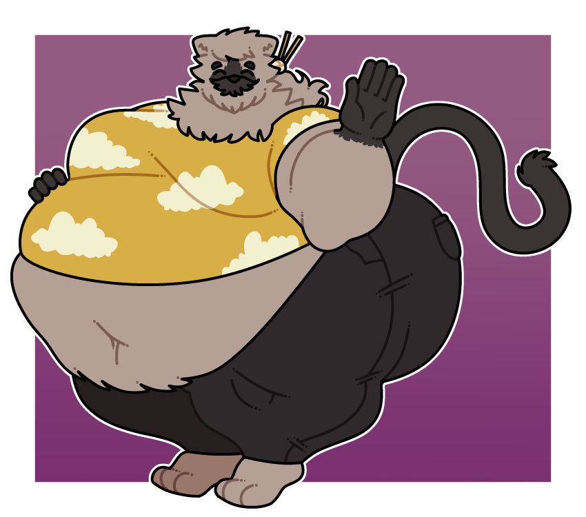 2023 3_toes 5_fingers absurd_res anthro belly_overhang biped bottomwear clothed clothing domestic_cat eyes_closed feet felid feline felis fingers hi_res huge_belly male mammal morbidly_obese navel obese overweight pants purplebubble shirt smile solo toes topwear