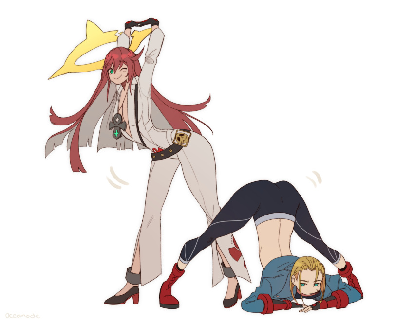 2girls absurdres ankh ankh_necklace arched_back arms_up ass bell-bottoms belt blonde_hair blue_jacket boots breasts broken_halo cammy_stretch_(meme) cammy_white cleavage colored_inner_hair combat_boots cropped_jacket crossover guilty_gear guilty_gear_strive halo high_heels highres jack-o'_challenge jack-o'_valentine jacket long_hair looking_at_another loose_belt meme multicolored_hair multiple_girls oceanade pants red_hair short_hair smile street_fighter street_fighter_6 stretching tight tight_pants top-down_bottom-up two-tone_hair very_long_hair white_hair