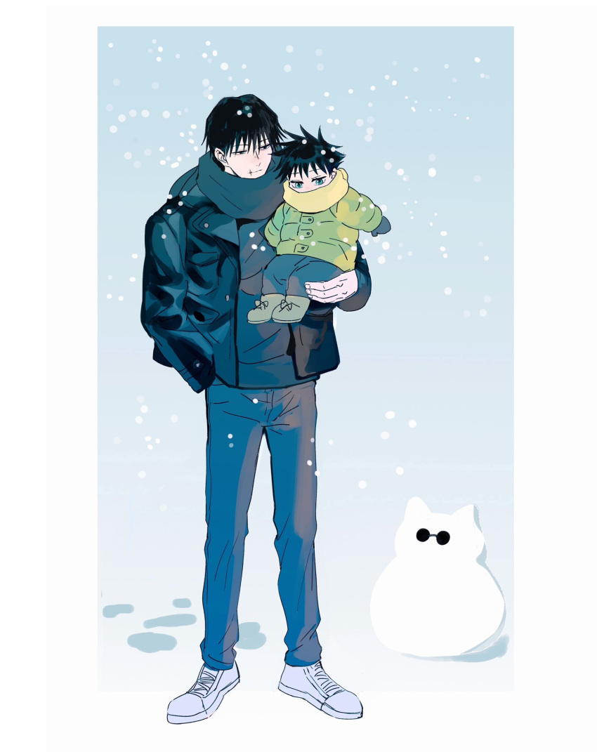 2boys aged_down bangs black_hair blue_pants blue_scarf carrying carrying_person coat commentary father_and_son full_body fushiguro_megumi fushiguro_touji green_eyes hand_in_pocket highres jacket jujutsu_kaisen long_sleeves male_child male_focus multiple_boys pants scar scar_on_face scar_on_mouth scarf shenshan_laolin shoes short_hair sneakers snowball snowing snowman standing symbol-only_commentary winter winter_clothes winter_coat winter_gloves yellow_scarf