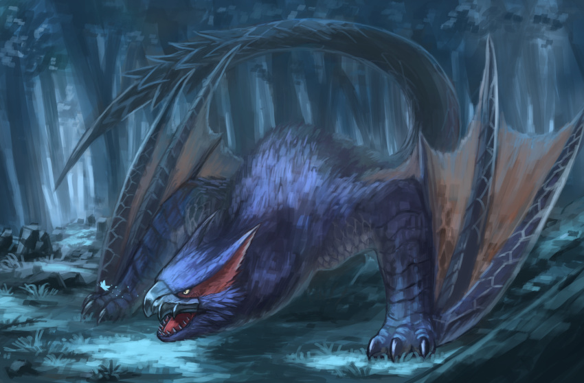 2019 absurd_res blue_body blue_fur blue_scales capcom detailed_background digital_media_(artwork) digital_painting_(artwork) feral flying_wyvern forest fur hi_res male membrane_(anatomy) membranous_wings monster_hunter nargacuga nasuno_posi night open_mouth plant quadruped scales solo spiked_tail spikes spikes_(anatomy) standing tree wings