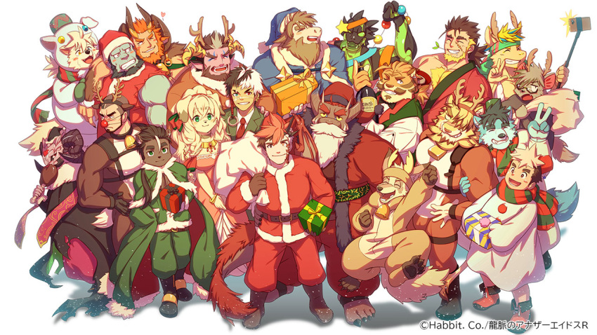 1girl 6+boys ^_^ alternate_costume animal_costume another_eidos-r antlers arm_around_shoulder azmond_(another_eidos) bara barboros_(another_eidos) beard bell blue_fur blush blush_stickers bottle box character_request cheek-to-cheek chest_hair closed_eyes colored_skin costume_request covered_nipples curled_horns deer_boy deer_tail demon_boy dog_boy dragon_boy dragon_horns dragon_tail edgar_(another_eidos) elaine_(another_eidos) facial_hair fake_beard fake_facial_hair forked_eyebrows forte_(another_eidos) from_above fu_(another_eidos) full_body furry furry_female furry_male gaia_(another_eidos) gift gift_bag gift_box glasses grin group_picture happy hat heads_together heart height_difference horns horse_boy index_fingers_together jinnosuke_(another_eidos) jumping large_pectorals long_beard male_focus mature_male multicolored_hair multiple_boys multiple_horns muscular muscular_male mustache neck_bell one_eye_closed pectorals pink_skin rai_(another_eidos) reindeer_antlers reindeer_costume santa_costume santa_hat short_hair sideburns smile stalon_(another_eidos) standing tail thick_eyebrows tiger_boy two-tone_hair v waku_(ayamix) wine_bottle wrecker_(another_eidos) yellow_fur