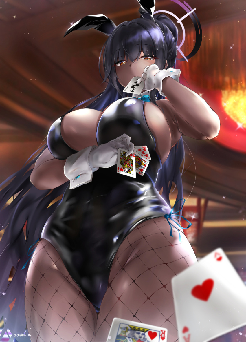 1girl ace_of_hearts animal_ears black_hair black_leotard blue_archive blue_bow bow breasts card card_in_mouth collar dark-skinned_female dark_skin detached_collar fake_animal_ears fishnet_pantyhose fishnets gloves gradient_hair halo heart highres holding holding_card jack_of_hearts joker_(card) karin_(blue_archive) karin_(bunny)_(blue_archive) king_of_hearts_(card) large_breasts leotard long_hair looking_at_viewer mouth_hold multicolored_hair okame._(okame124) pantyhose playboy_bunny playing_card ponytail purple_hair queen_of_hearts_(card) rabbit_ears solo strapless strapless_leotard white_collar white_gloves white_wrist_cuffs wrist_cuffs yellow_eyes