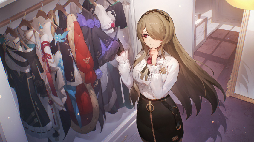 1girl absurdres bangs black_dress black_gloves black_skirt breasts brown_hair china_dress chinese_clothes closed_mouth closet clothes_hanger dress english_commentary from_above gloves hair_over_one_eye hand_on_own_chin headband highres honkai_(series) honkai_impact_3rd indoors long_hair long_sleeves purple_dress purple_eyes red_dress rita_rossweisse rita_rossweisse_(fallen_rosemary) second-party_source shadow shirt single_glove skirt smile solo takeno_(hashi_falcon) very_long_hair white_dress white_shirt