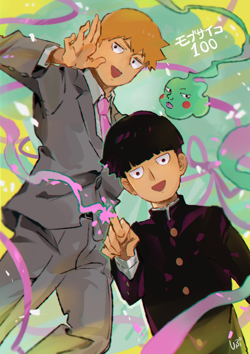 1other 2boys :d absurdres black_hair black_pants blonde_hair copyright_name ekubo_(mob_psycho_100) formal gakuran grey_suit happy highres hitodama kageyama_shigeo looking_at_viewer mob_psycho_100 multiple_boys necktie open_mouth pants pink_necktie reigen_arataka school_uniform shipu_(gassyumaron) short_hair smile suit