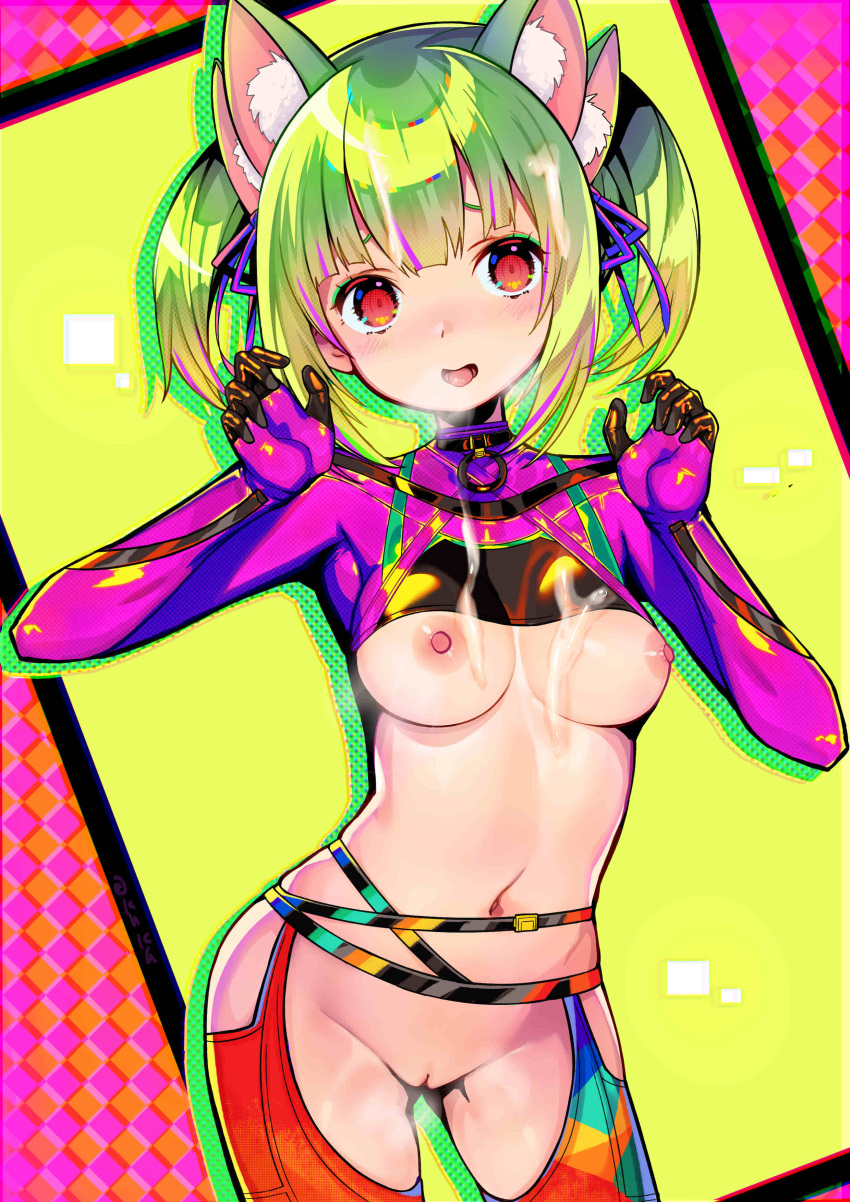 1girl absurdres animal_ears blush bodysuit breasts cat_ears cum cum_on_body dohna_dohna_issho_ni_warui_koto_o_shiyou extra_ears green_hair highres kirakira_(dohna_dohna) kuka looking_at_viewer medium_hair midriff multicolored_bodysuit multicolored_clothes multicolored_hair navel nipples orange_eyes partial_bodysuit pink_hair pussy skindentation small_breasts smile solo twintails two-tone_hair underboob