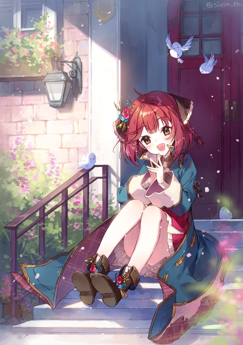 1girl atelier_(series) atelier_sophie atelier_sophie_2 bare_legs bird blue_coat blush braid brown_eyes brown_footwear brown_ribbon bush coat collared_coat detached_collar door dress fence flower hair_flower hair_ornament highres lamp long_sleeves looking_at_viewer open_mouth outdoors plaid_coat red_dress red_flower red_hair red_rose ribbon rose short_hair side_braid sitting sitting_on_stairs smile solo sophie_neuenmuller soriya stairs wide_sleeves window