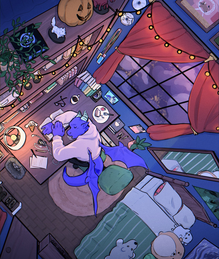 anthro bed bodily_fluids book cake chair container cup desk dessert dragon drooling eyewear food fruit furniture glasses headphones hi_res horn inside juicestandmango lamp male paper photo pillow plant plushie pumpkin purple_body saliva sleeping table window wings
