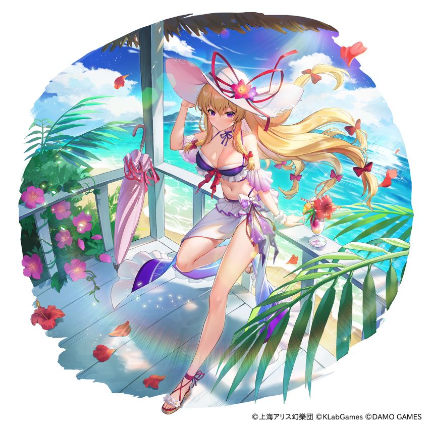 1girl against_railing alternate_costume anzumame arm_support beach bikini blonde_hair bow breasts bush choker cleavage closed_umbrella cloud commentary_request detached_sleeves diffraction_spikes floating_hair flower frilled_bikini frills gradient_sarong hair_bow hand_on_headwear hat hat_flower hibiscus highres large_breasts leaning_on_object leg_up lens_flare light_particles linea_alba long_hair looking_at_viewer low-tied_long_hair navel official_art outdoors petals pink_flower plant purple_bikini purple_eyes purple_sarong railing red_bow red_flower ribbon_choker sandals sarong scrunchie sidelocks solo stomach sun_hat sunlight swimsuit touhou touhou_arcadia_record tropical_drink umbrella water white_headwear white_sarong wrist_scrunchie yakumo_yukari
