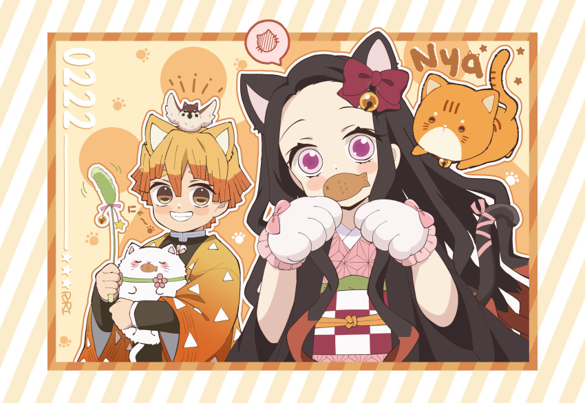 1boy 1girl absurdres agatsuma_zenitsu animal_ears animal_hands animal_print bird bit_gag black_hair blonde_hair bow brown_hair cat cat_ears cat_tail chuntarou_(kimetsu_no_yaiba) demon_slayer_uniform fish_print forehead gag hair_ribbon haori highres japanese_clothes kamado_nezuko kimetsu_no_yaiba kimono long_hair long_sleeves multicolored_hair pink_eyes pink_kimono pink_ribbon pori_(kmt_pori) ribbon short_hair tail teeth very_long_hair yellow_eyes