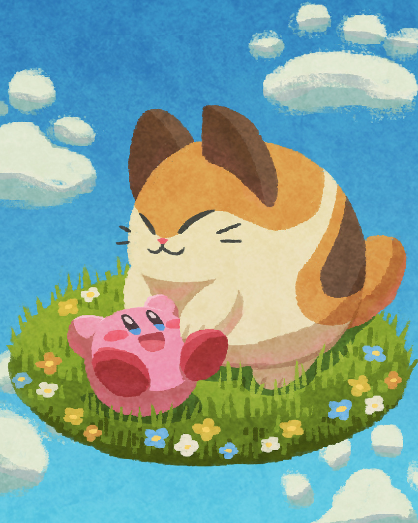 :3 :d arms_up blue_eyes blue_flower blue_sky blush blush_stickers cat cat_day closed_eyes closed_mouth cloud commentary_request day flower grass highres kirby kirby_(series) looking_at_another lying miclot nago_(kirby) no_humans on_back open_mouth paw_print sky smile white_flower yellow_flower