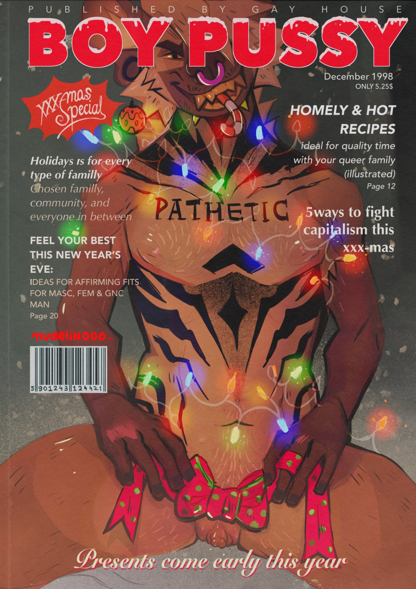 2022 andromorph anthro artist_name barcode blonde_hair body_tattoo brown_body brown_fur brown_nose candy candy_cane candy_cane_in_mouth cheek_tuft chest_tattoo christmas christmas_lights chruscik_(dudelinooo) clitoris cover dated dessert digital_media_(artwork) english_text facial_piercing facial_tuft food fur genitals hair hi_res holidays hyena intersex looking_at_viewer magazine_cover mammal mastectomy_scar navel neck_tattoo nose_piercing nose_ring nude nudelinooo orange_teeth piercing pubes purple_piercing pussy ribbons ring_piercing scar smile solo spotted_hyena tan_body tan_fur tan_hair tattoo teeth text text_tattoo trans_(lore) trans_man_(lore) tuft