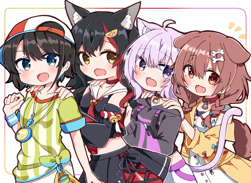 :d animal_collar animal_ears bangs black_hair black_hoodie black_serafuku black_skirt blush braid brown_eyes brown_hair cat_ears cat_tail chibi collar commentary dog_ears dog_girl dog_tail dress extra_ears fang hair_between_eyes hair_ornament hair_over_shoulder hairclip hand_on_another's_stomach hololive hood hoodie inugami_korone jacket long_hair looking_at_viewer low_twin_braids low_twintails nekomata_okayu off_shoulder ookami_mio oozora_subaru open_clothes open_jacket open_mouth purple_hair rabiiandrain red_collar school_uniform serafuku shirt short_dress short_hair skin_fang skirt sleeveless sleeveless_dress smile striped striped_shirt tail twin_braids twintails vertical-striped_shirt vertical_stripes virtual_youtuber white_dress wolf_ears wolf_girl yellow_jacket yellow_skirt