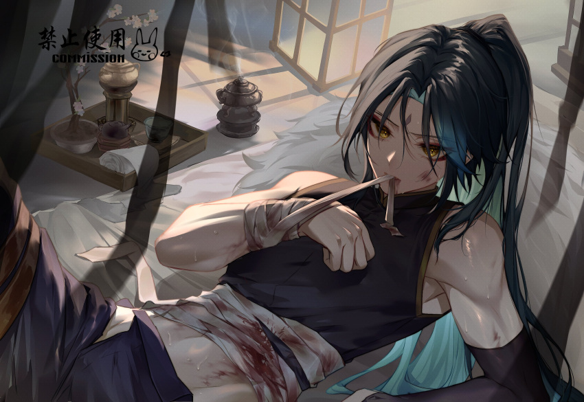 1boy bandaid bandaid_on_arm black_gloves black_pants black_shirt blood blood_on_clothes blood_on_face cup dark_green_hair elbow_gloves facial_mark forehead_mark genshin_impact gloves highres kettle kuko_(geeeee_ss) long_hair lying male_focus pants shirt sleeveless sleeveless_shirt sweat xiao_(genshin_impact) yellow_eyes