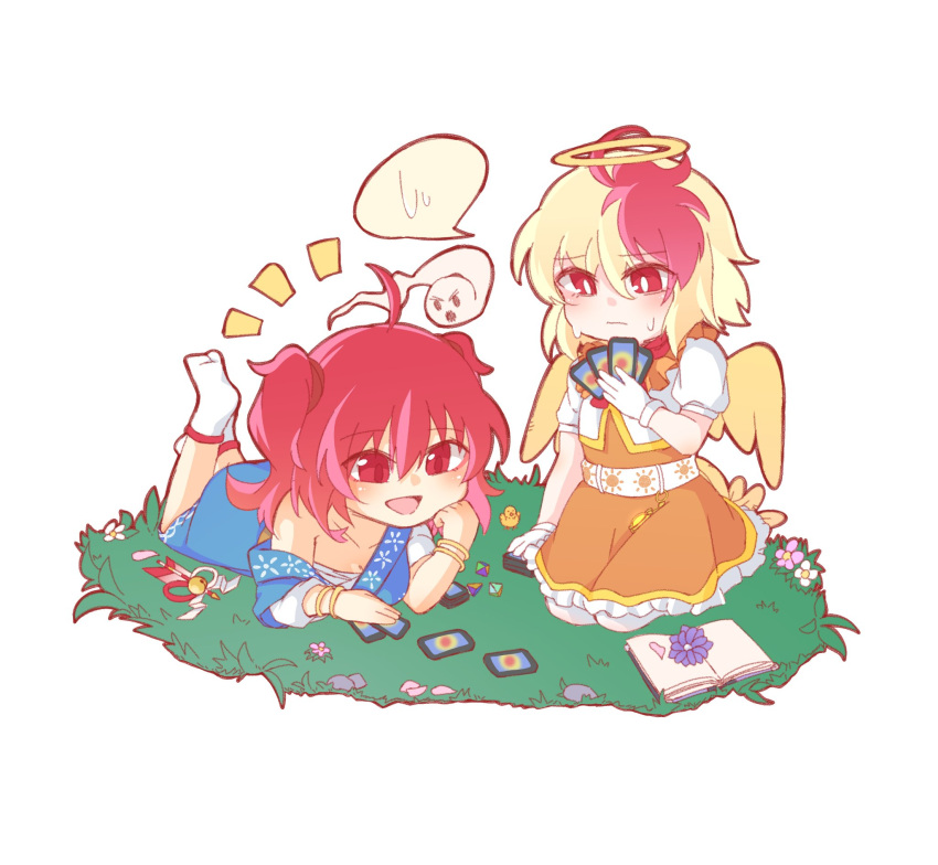 2girls :d ahoge bangs bird_tail blonde_hair blush bracelet breasts bright_pupils cellphone chibi cleavage flower hair_between_eyes halo highres hitodama jewelry large_breasts lying multicolored_hair multiple_girls niwatari_kutaka on_stomach onozuka_komachi phone red_eyes red_hair sarashi seiza simple_background sitting smile spoken_sweatdrop sweat sweatdrop tail the_pose tomori_yukari touhou two_side_up white_background white_pupils wings