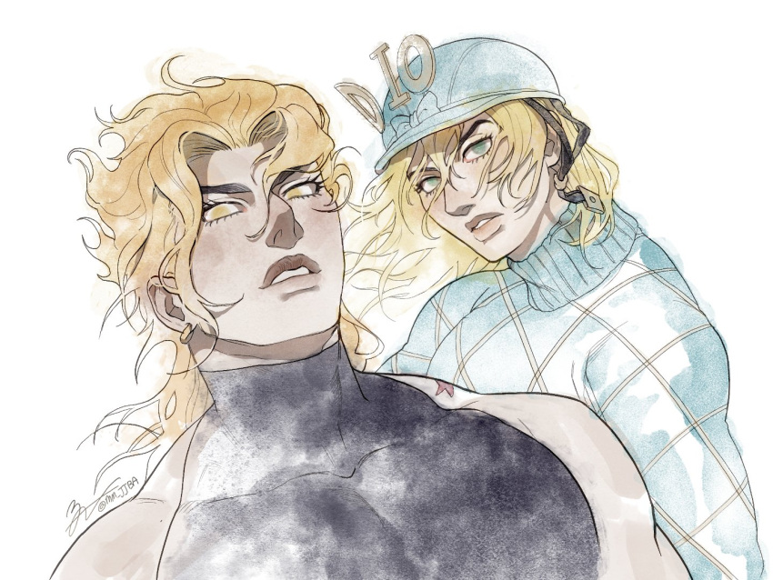 2boys birthmark blonde_hair commentary diego_brando dio_brando earrings green_eyes hat jewelry joestar_birthmark jojo_no_kimyou_na_bouken long_hair male_focus mm_jjba multiple_boys muscular muscular_male parted_lips signature stardust_crusaders steel_ball_run turtleneck twitter_username yellow_eyes