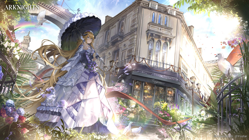 1girl absurdres arknights bangs bird blonde_hair blue_flower blue_rose blue_sky bridge building cloud cloudy_sky commentary day dress flower frilled_dress frills full_body gloves grass grey_eyes highres holding holding_sword holding_umbrella holding_weapon long_hair outdoors pink_flower purple_flower rainbow red_flower red_rose rose saileach_(arknights) sidelocks sky solo standing sword symbol-only_commentary tiara tower tree umbrella very_long_hair weapon white_dress white_gloves window yellow_flower zeklewa