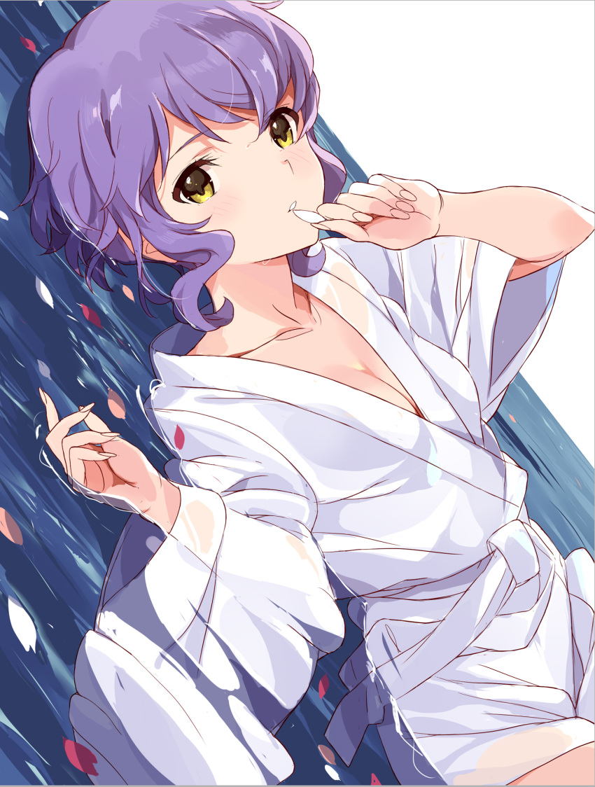 1girl bangs breasts cleavage collarbone commentary_request dutch_angle hand_up highres holding holding_petal idolmaster idolmaster_million_live! idolmaster_million_live!_theater_days japanese_clothes kimono light_blush long_sleeves looking_at_viewer lying lying_on_water makabe_mizuki medium_breasts parted_lips petals purple_hair short_hair sidelocks solo tetsujin_momoko wavy_hair wet wet_clothes white_kimono yellow_eyes