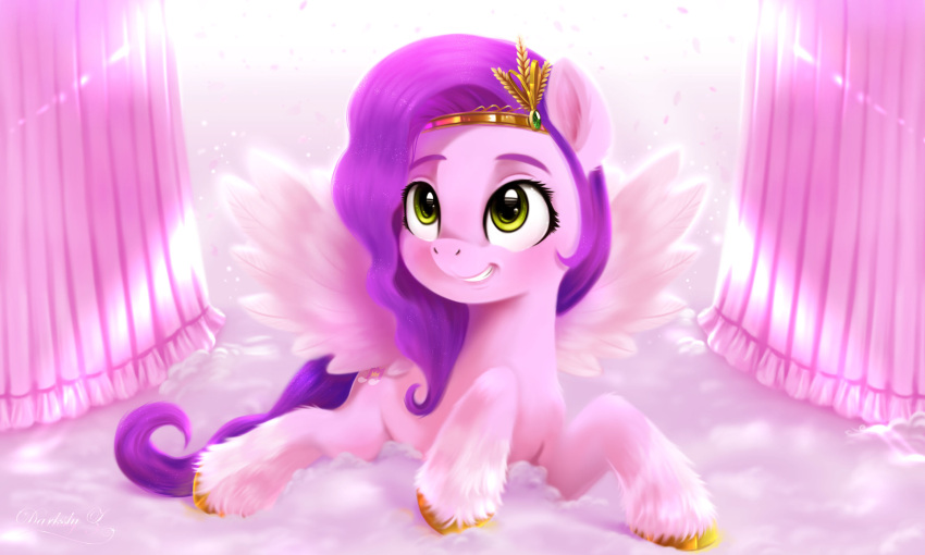 crown cutie_mark darksly-z digital_media_(artwork) equid equine eyebrows eyelashes feathered_wings feathers female feral fur green_eyes hair hasbro headgear hi_res hooves inside mammal mlp_g5 my_little_pony pegasus pink_body pink_feathers pink_fur pipp_petals_(mlp) purple_hair purple_tail smile solo spread_wings tail wings