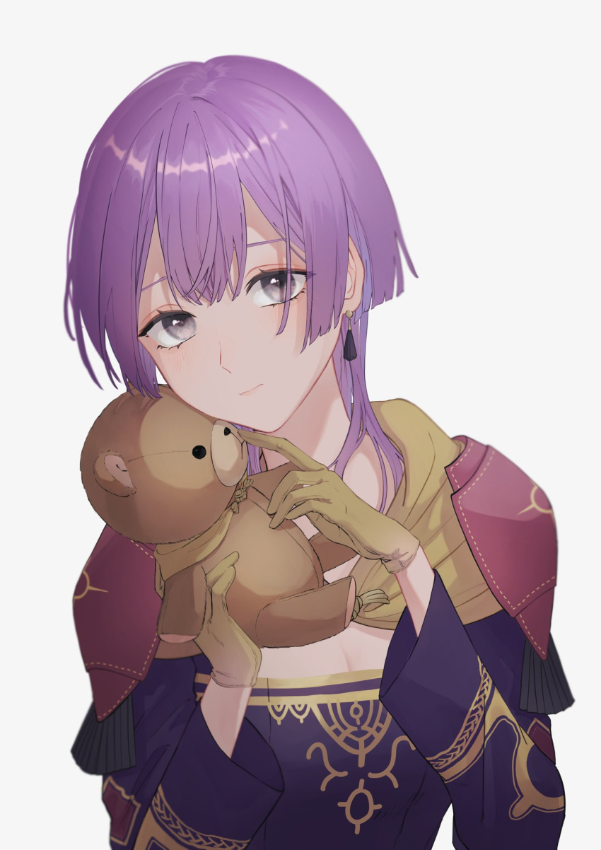 1girl bernadetta_von_varley capelet collarbone dress earrings fire_emblem fire_emblem:_three_houses gloves grey_eyes highres holding holding_stuffed_toy jewelry long_sleeves looking_at_viewer medium_hair pana_(87) purple_dress purple_hair simple_background solo stuffed_animal stuffed_toy teddy_bear upper_body white_background yellow_capelet yellow_gloves