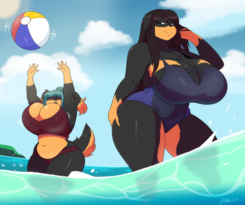 absurd_res alexis_(jwinks) anthro ball beach beach_ball big_breasts bikini bikini_bottom bikini_top black_body black_fur black_hair blue_hair bouncing_breasts breasts brown_body brown_fur canid canine canis cleavage clothed clothing cloud curvy_figure daughter domestic_dog duo female floppy_ears fur hair hand_on_butt hand_on_hair hi_res huge_breasts inflatable jwinkz long_hair mammal mature_female mother mother_and_child mother_and_daughter multicolored_body multicolored_fur one-piece_swimsuit parent parent_and_child seaside short_tail signature standing swimwear tail voluptuous water wet zoey_(jwinkz)