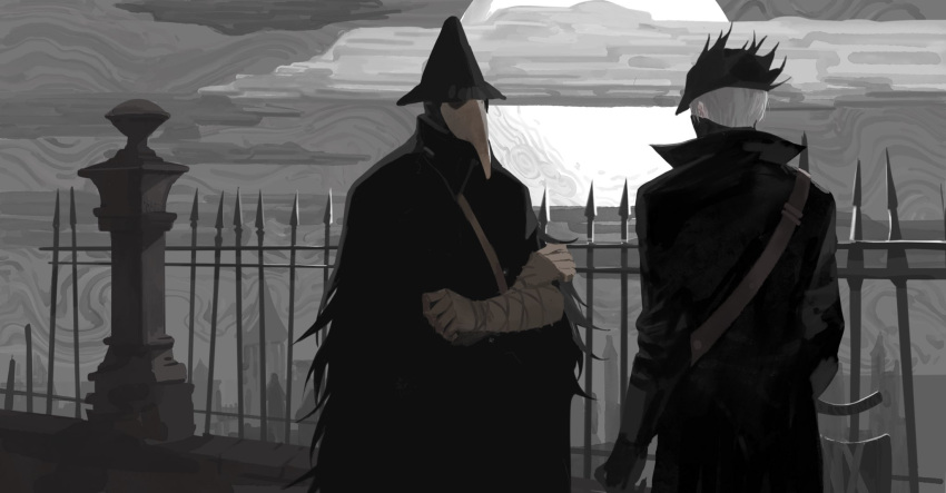 1girl 1other ambiguous_gender bandaged_arm bandages black_headwear bloodborne cloud coat commentary_request eileen_the_crow feather-trimmed_coat grey_sky hat highres holding holding_weapon hunter_(bloodborne) long_coat long_sleeves mask outdoors plague_doctor_mask qi_dongye_yu railing saw_cleaver standing tricorne weapon