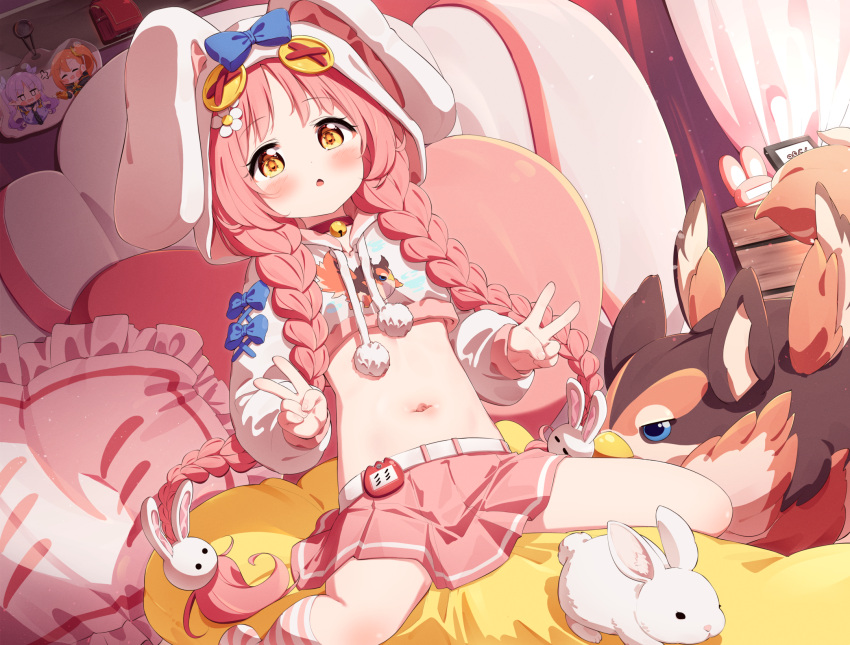 1girl animal animal_ears animal_hood bangs belt belt_buckle blue_bow blush bow braid buckle commentary_request fake_animal_ears flower frilled_pillow frills hair_flower hair_ornament highres hood hood_up hoodie kyouka_(princess_connect!) long_hair low_twintails mimi_(princess_connect!) misogi_(princess_connect!) navel parted_lips pillow pink_hair pink_skirt pleated_skirt princess_connect! rabbit rabbit_hair_ornament rabbit_hood setmen skirt solo twin_braids twintails very_long_hair white_belt white_flower white_hoodie yellow_eyes
