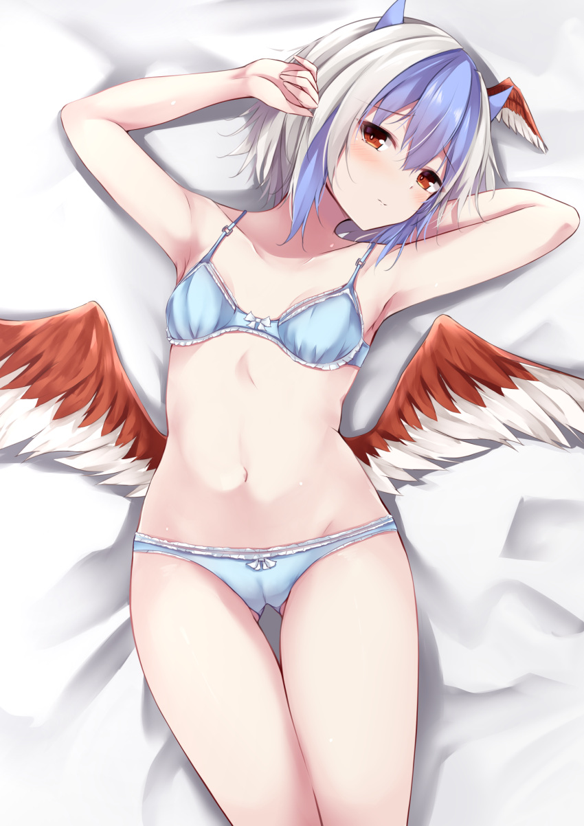 1girl arm_behind_head arm_up armpits bangs bare_arms bare_shoulders bed_sheet blue_bra blue_hair blue_panties bow bow_bra bow_panties bra breasts closed_mouth collarbone commentary_request grey_hair hair_between_eyes hand_up head_wings highres horns kashiwagi_yamine looking_at_viewer low_wings lying multicolored_hair navel on_back panties red_eyes red_wings small_breasts solo tokiko_(touhou) touhou two-tone_hair underwear underwear_only white_wings wings