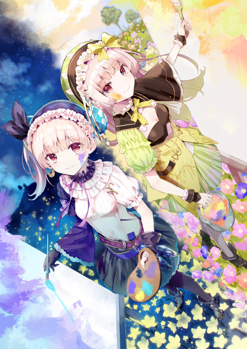 2girls atelier_(series) atelier_lydie_&amp;_suelle blush bow breasts bucket cleavage closed_mouth dress flower frilled_shirt frills gloves hairband highres hitoba holding holding_bucket holding_paintbrush holding_palette long_hair looking_at_viewer lydie_marlen multiple_girls paint_splatter paintbrush palette_(object) pink_hair red_eyes ribbon shirt short_sleeves siblings side_ponytail sisters skirt smile standing suelle_marlen twins white_shirt wrist_cuffs yellow_bow yellow_dress