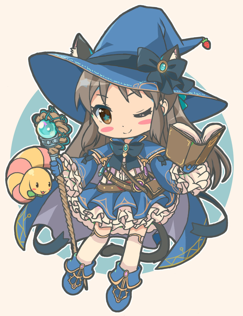 1girl animal_ear_fluff animal_ears bangs black_bow black_bowtie blue_cape blue_footwear blue_gloves blue_headwear blue_skirt blush_stickers book boots bow bowtie brown_bag brown_eyes brown_hair cape cat_ears detached_sleeves frilled_sleeves frills full_body gloves hat hat_bow highres holding holding_book holding_wand idolmaster idolmaster_cinderella_girls layered_skirt long_hair long_sleeves looking_at_viewer michii_yuuki one_eye_closed petite shirt sidelocks skirt smile snake star-shaped_pupils star_(symbol) symbol-shaped_pupils tachibana_arisu thighhighs v-shaped_eyebrows wand white_background white_shirt white_thighhighs witch_hat