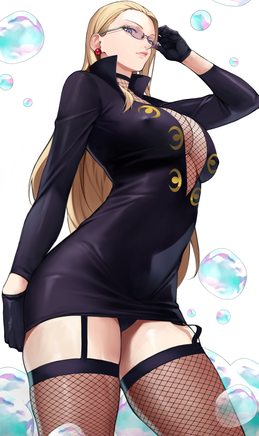 1girl absurdres adjusting_eyewear bangs black_dress black_garter_straps black_gloves blonde_hair blue_eyes breasts bubble cleavage contrapposto covered_navel dress earrings fishnet_thighhighs fishnets glasses gloves hair_behind_ear highres jewelry kalifa_(one_piece) large_breasts long_hair long_sleeves looking_at_viewer one_piece revision short_dress solo thighhighs thighs white_background yoshio_(55level)